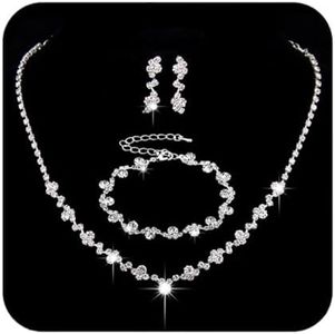 Unicra Bride Crystal Necklace Earrings Set Bridal Wedding Jewelry Sets Rhinestone Choker Necklace Prom Costume Jewelry Set for Women and Girls (3 piece set - 2 earrings and 1 necklace) (Silver-)