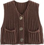 Ainangua Sleeveless Cropped Cardigan for Women Casual Chunky Knit Tank Tops Button Down Open Front Sweater Vest with Pockets(Coffee,L)