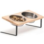 Elevated Cat Bowls, Small Dog 15° Tilted Raised Stainless Steel Bowl Stand, Solid Bamboo Food Water Bowl Set Feeding Station for Pets