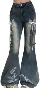 kakarin choyx Fashion Y2K High Waisted Wide Leg Jeans Casual Vintage Lace Drawstring Patchwork Slim Flared Denim Pants XL