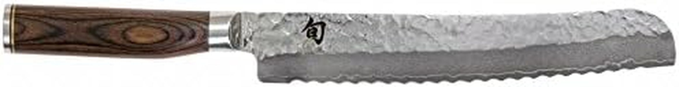 KAI Shun Premier Tim Mälzer Couteau à Pain Japonais 23 cm - Noyau VG-Max 61 HRC, Acier Damas Poli de 32 Couches - Bois de Pakka Marron Moyen - Finition Martelée - Fabriqué au Japon