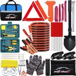 AUTODECO Car Emergency Roadside Kit Safety Assistance Kit for Vehicle with Shovel Jumper Cable First Aid Kit Trim Removal Tool