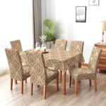 BRIDA® Polyester Spandex Stretchable Floral Geometric Printed Dining Chair Covers Elastic Chair Seat Case Protector, Slipcovers (6 Seater Table Cover + 6 Chair Cover, Damask Brown)