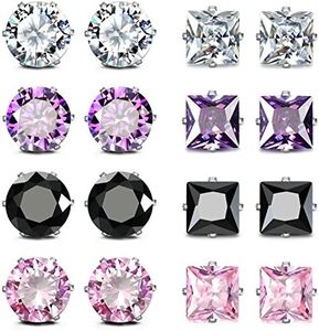 JewelrieShop Lady 8 Pairs Round Square Cuts Stud Earrings, Stainless Steel Cubic Zirconia Rings Set