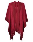 ZLYC Women's Lightweight Shawl Golden Trim Textured Knit Blanket Wrap Fringe Poncho with Contrast Trims (Dark Red),One Size