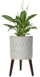 Opnons 12inch Plant Pots with Wood Planter Holder Indoor Flower Pot with Gold Floral Embossed Modern Planters with Drainage Holes for Living Room, Office, Garden or Balcony