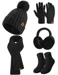 Niwicee 5 Pieces Winter Hat Scarf and Gloves Set,Touch Screen Gloves Beanie Hat Long Scarf Therma Socks Plush Ear Warmer Warming Outdoor Set Warm Women Winter Set(Black,Onesize)