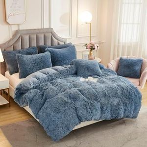JAUXIO Luxury Long Faux Fur Bedding Set Shaggy Comforter Duvet Cover with Pillow Sham Ultra Soft Home Decoration (Dusty Blue, King)