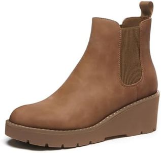 Athlefit Women's Chelsea Wedge Boots Elastic Platform Lug Sole Slip on Wedge Ankle Booties Brown Size 8