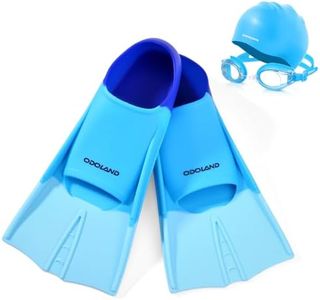 Odoland Kids Swim Fins Set, Swimming Training Flippers, Swim Goggles and Cap, Swim Pool Snorkeling Diving, for Children Boys Girls Beginner, Blue XXXS