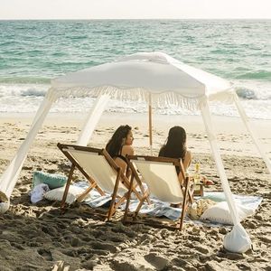 AMMSUN Beach Cabana with Fringe, 6'×6' Bobo Beach Canopy, Easy Set up & Premium Wood Pole, Cool Cabana with Sand Pockets, Instant Sun Shelter for Beach Patio Garden Outdoor, Elegant White