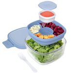 Bentgo Glass - Leak-Proof Salad Container with Large 61-oz Salad Bowl, 4-Compartment Bento-Style Tray for Toppings, 3-oz Sauce Container for Dressings, and Built-In Reusable Fork (Light Blue)