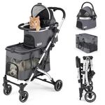 COSTWAY Double Pet Stroller, 4 in 1 Foldable Dog Pushchair with 2 Detachable Carriers, Mesh Windows, Sun Shade, Storage Basket, Pets Travel Buggy for Cats, Small and Medium Dogs (Dark Grey)