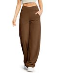 G4Free Yoga Pants for Women with Pockets Wide Leg Dress Pants with Pockets High Cross Waist Stretch Palazzo Pants Straight Leg (Dark Coffee,XL,31")