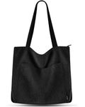 Prite Corduroy Tote Bag for Women Large Shoulder Bag with Zipper and Pockets for College School Work Travel Shopping-Black