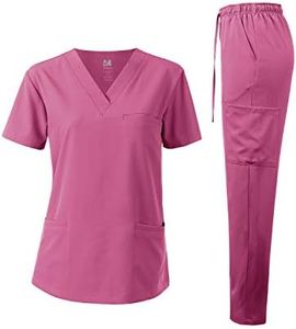 Dagacci Medical Uniform Unisex 4-Way Stretch Scrubs Set Medical Scrubs Top and Pants Hot Pink L