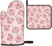 Hitamus Cute Pig Heat Resistant Oven Mitts and Pot Holders Sets Non Slip Kitchen Gloves Hot Pads with Inner Cotton Layer for Cooking BBQ Baking Grilling