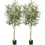 COSTWAY 182cm/6ft Artificial Olive Tree, 1/2 Pcs Tall Faux Topiary Plants with 1296 Leaves and 72 Fruits, Fake Greenery Olive Silk Plant in Cement Pot for Indoor Outdoor Decor (2)