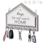 Echehi 7 Hooks Wooden Key Holder, Self Adhesive or Drilling 2 Ways Installation Key Rack, Key Hooks Wall Mounted, Key Holder for The Home(Grey)