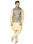 Uri and Mackenzie Men's Kurta Churidar Pyjama with Ethnic Jacket/Sadri/Waiscoat (44, Golden/Silver)