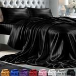 DECOLURE Stripped Satin Sheets Set King 4pc - Comfy Luxury Silk Feel Satin Sheets King - Elegant Silky Soft King Size Satin Bed Sheets Hypoallergenic Wrinkle-Free Satin Sheets with Deep Pocket (Black)