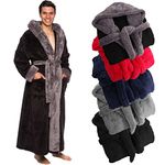 Ross Michaels Mens Luxury Robe Hooded Big and Tall - Long Plush Fleece Bath Robe with Hood and Pockets- Gift Men and Teens, Black & Gray, XX-Large-3X-Large