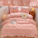 3 Pieces Pink Ruffle Duvet Cover Set for Girls Women Lace Bedding Set with 2 Pillowcases Soft Microfiber Duvet Cover Double 200 x 200 cm