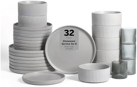 Stone Lain Haven Stoneware 32-Piece Dinnerware Set, Plates and Bowls Sets for 8, Grey Dish Set, Includes Dinner Plates, Salad Plates, Cereal Bowls, Glassware, Microwave & Dishwasher Safe