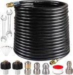 Sewer Jetter Kit for Pressure Washer - Flexible 100 FT Drain Cleaning Hose Kit, Including Power Washer Hose, Button & Rotating Jetting Nozzle, M22-14&15 Brass Thread, 1/4'' M-NPT, 4000PSI