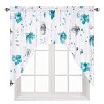 ASPMIZ Floral Kitchen Swag Valance, Teal Floral Kitchen Valance, Watercolor Flowers Swag Curtain, Rod Pocket Small Window Curtains for Kitchen Living Room Bathroom, 60" W x 36" L,1 Panel