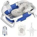 ieBabay Collapsible Baby Bathtub - Baby Bath Tub with Floating Soft Cushion & Support Net & Waterproof Thermometer,Travel Bathtub with Drain Hole,Durable Baby Bathtub Newborn to Toddler (Blue)