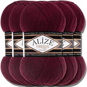 Hobby YARN Alize Superlana Klasik 5 ovillos de 100 g de lana turca de algodón y acrílico liso, hilo para tejer a mano, hilo de bebé para tejer (burdeos, 57)