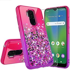 GALAXY WIRELESS Cases Compatible for Cricket Influence /AT&T Maestro Plus Liquid Glitter Phone Cover w[Tempered Glass Screen Protector] Girls Women - Hot Pink/Purple