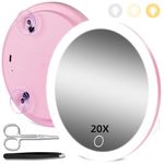 Hmggoofa 20X Magnifying Mirror with Lights, 6inch Makeup Magnification with Suction Cups, Magnified Mirror with 3 Color Adjustable Brightness, Travel 20X High Magnification and Tweezers & Scissors