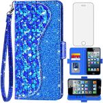 Asuwish Phone Case for iPhone 5S 5 SE 2016 5SE Wallet Cover with Screen Protector and Flip Card Holder Bling Glitter Cell iPhone5 iPhone5s iPhoneSE iPhone6se i 6SE iPhone5se Women Girls Blue