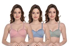 MiEstilo Seamless Demi Cup Cotton Blend Lightly Padded Low/Half Coverage Bra Combo_Pack of 3_Light Steel Blue, Soft Rose, Aqua Grey