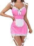 FEESHOW Womens Sexy French Maid Ruffled Cosplay Costumes Uniform Outfits 3 Pieces Lingerie Sets Pink E S