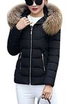 YMING Ladies Winter Parka with Fur Hood Winter Coat Quilted Puffer Coat Warm Hoodie Jacket Black-B L