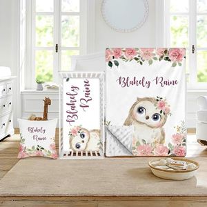 Duckbe Custom Crib Bedding Set - Owl Design Personalized Name Baby Nursery Bed 3 Pcs Set - Chic Soft Blanket with Dotted Backing, Sheet, Pillowcase for Newborn Girls Boys Gifts Color21
