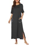 BESDELCotton Knit Short Sleeve Nightgown for Women Full Length Sleep Dress with Pockets Dark Grey XXL