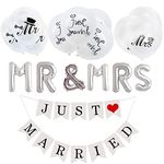 Just Married Garland Banners Just Married Wedding Bunting Banners Wedding Decorations Banners Photo Booth Props With 10 PCS White Latex Balloons Aluminum Foil Mr&Mrs Balloons For Wedding