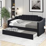 Merax Twin Size Upholstered Daybed with Trundle, Sofa Bed Wood Bed Frame with Swooping Arms, No Box Spring Needed, Black