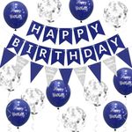 Happy Birthday Banner for Men Blue White Birthday Party Decorations Navy Silver Birthday Decorations with 15pcs Thick 12 Inch Blue White Birthday Party Balloons by Wonsta