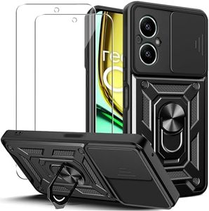 KUSINHOKA Funda para Realme C67 4G con Protección de Cámara Cubierta y Soporte de Anillo + [2 Pack] Cristal Templado, [Antigolpes Grado Militar] [Anti-arañazos] Protectora Carcasa Funda, Negro