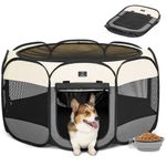 A 4 Pet Dog Playpen for Medium Dogs, Indoor Dog Playpen with Removable Top, Waterproof Bottom, Collapsible Dog Pen Indoor/Outdoor Use, with Bowl, Dark Grey and Beige