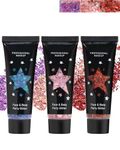 3 Pcs Body Glitter Gel, Face & Hair Glitter Gel, Sequins Shimmer Liquid Eyeshadow, Chunky Laser Flash Powder Cosmetic, Concerts Festival Rave Accessories, Mermaid Glitter Face Paint, Purple, pink, red