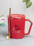 MARKET 99 Coffee Mug with Lid Ceramic Mug for Coffee Tea Milk Drinkware Travel Quotes Design Glossy Finish Red 320 Ml