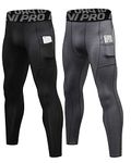 LNJLVI 2 Pack Men's Compression Pants Active Base Layer Tights Workout Running Leggings with Phone Pockets(Black-Gray Large)