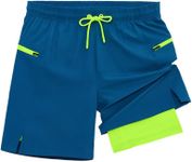 veepro Mens Running Shorts 2 in 1 Quick Dry Gym Workout Shorts Lightweight 7" Athletic Exercise Training Shorts with Compression Liner Zip Pocket Blue 2XL