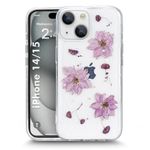 Enflamo Soft Clear Silicone Case Glitter Floral Back Cover for iPhone 15/14 | with Pressed Dry Real Flowers (Purple)